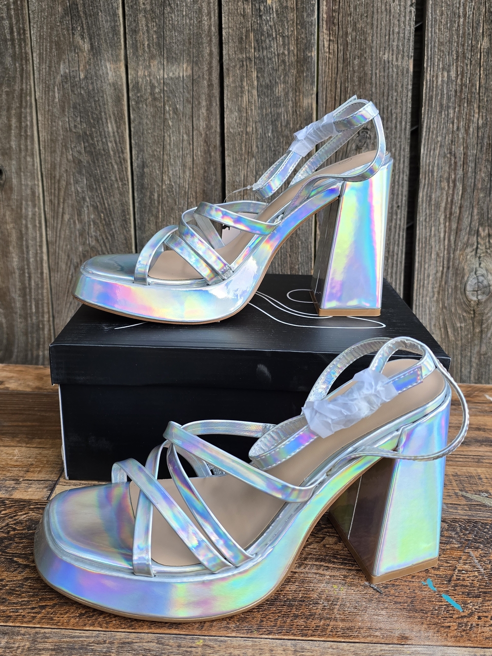 Iridescent Holographic Platform Block Heel Sandals Silver Size 7.5